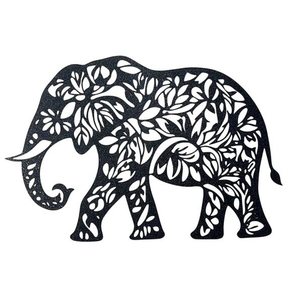 Elephant Mandala Floral Cutout Wall Art Black Plastic Elegant Boho Decor - Picture 1 of 5
